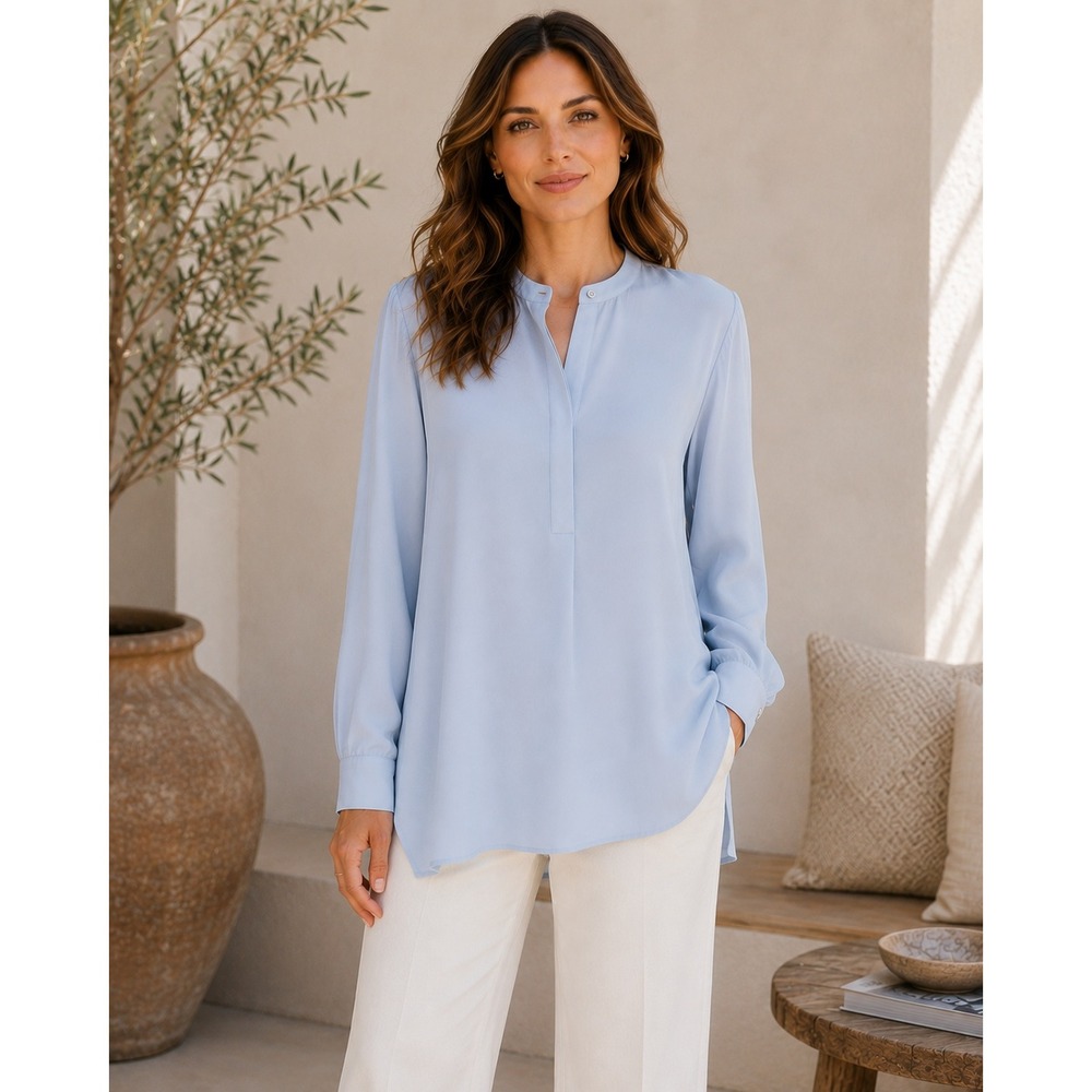 Antonelli Firenze Light Blue Silk Blend Band Collar Tunic Blouse Size 14